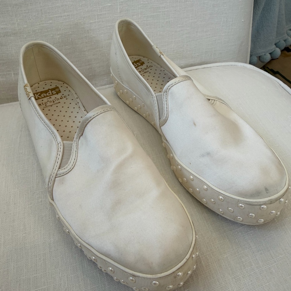 kate spade White Pearl-Trim Slip-On Platform Mules